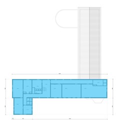 <p>Huidige plattegrond van de verdieping van gebouw 5 met in kleur de verschillende functies en gebruikers weergegeven.</p>

<p>Blauw: kantoren</p>
